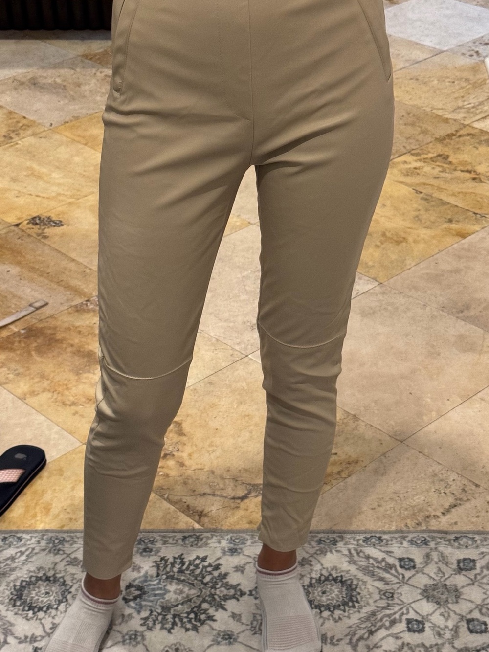 Women's Slim Stretch zippered Ankle Pants faux leather high waisted Beige cream